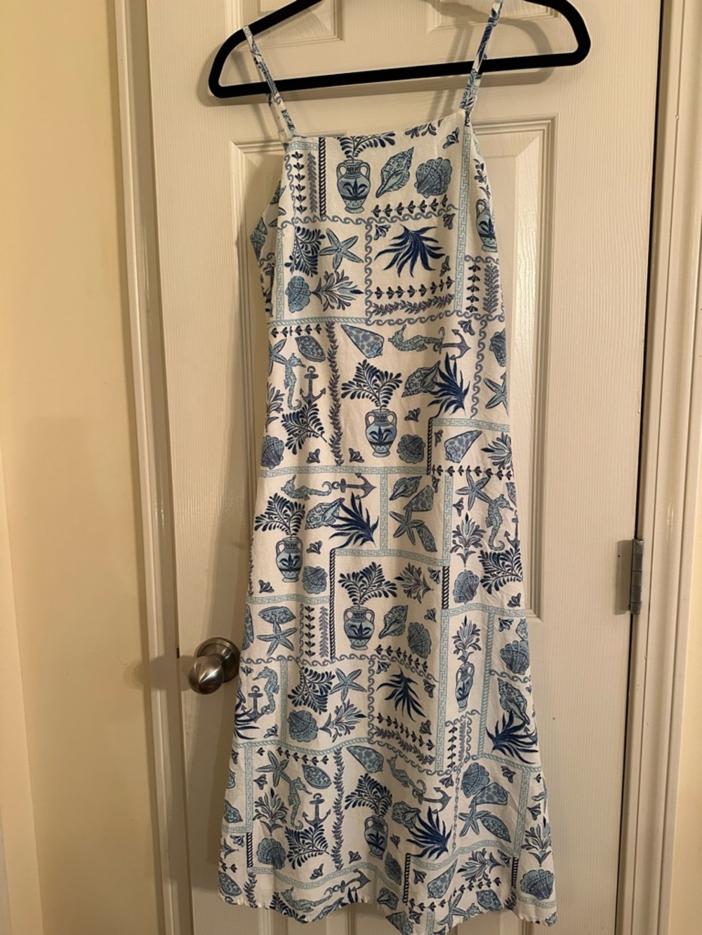 Women’s Japna White and Blue Smocked Tile-Print Maxi Seashells Anchors Beach